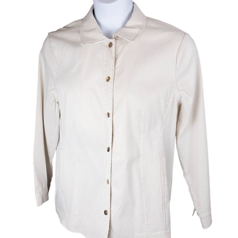 Chico's Twill Womens Pinstripe Jacket Cream Tan Women Snaps XL